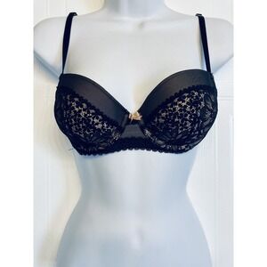 Victoria's Secret Demi Bra 32C Black Lace Beige Padded Underwire Lingerie